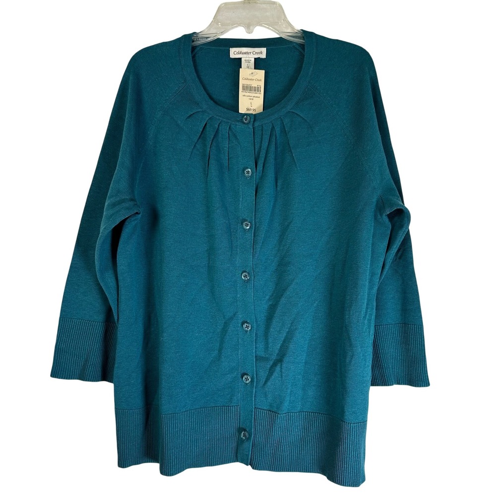 Coldwater Creek Silk Cotton Pleated Cardigan Teal Blue Green Size L 14 NWT